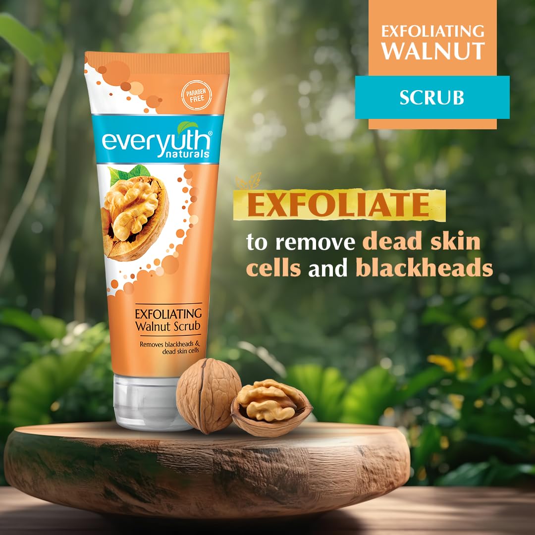 Cream based walnut facial scrub for removing dead skin cells and clear skin texture.