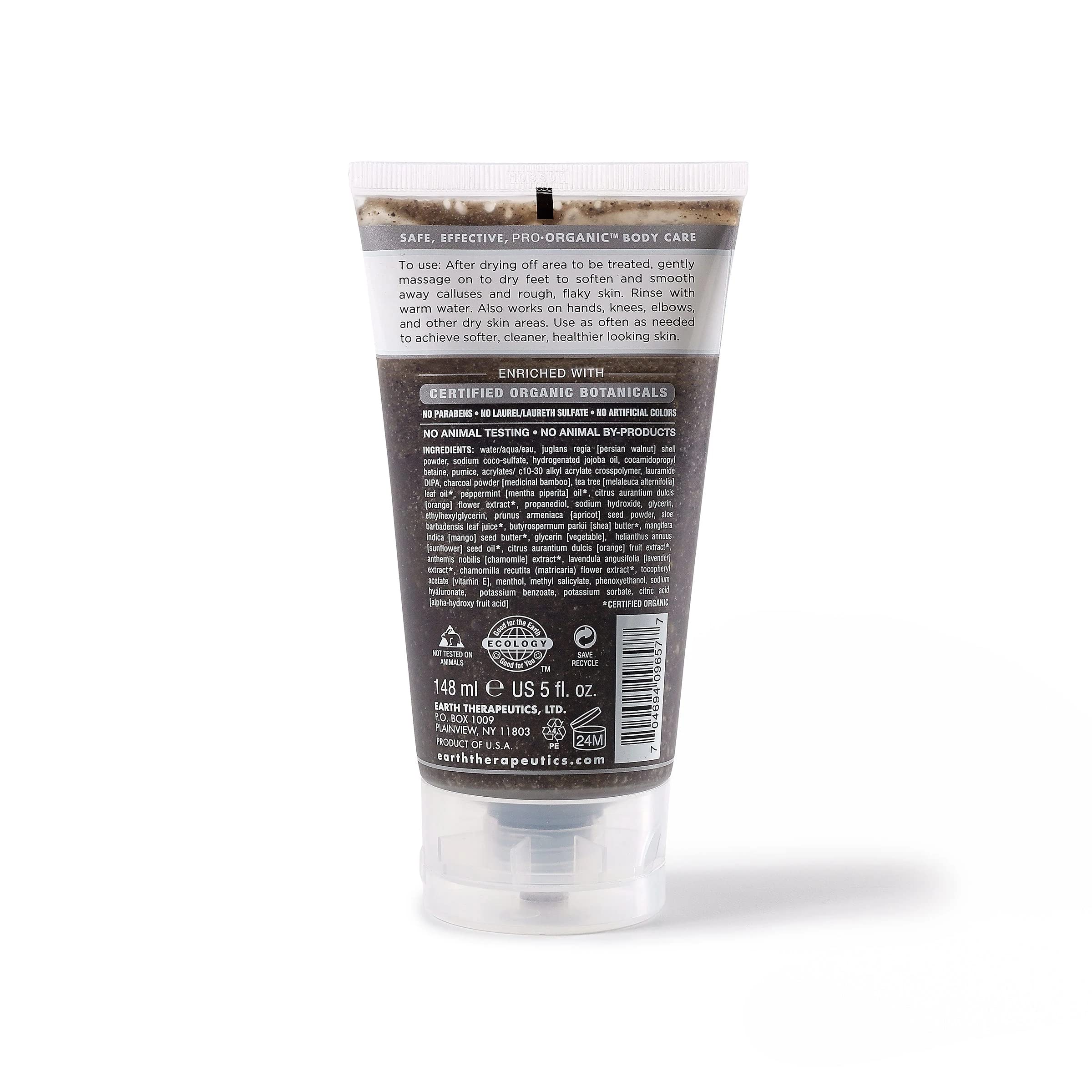 Earth Therapeutics natural bamboo charcoal foot scrub bottle displaying product details and key organic ingredients