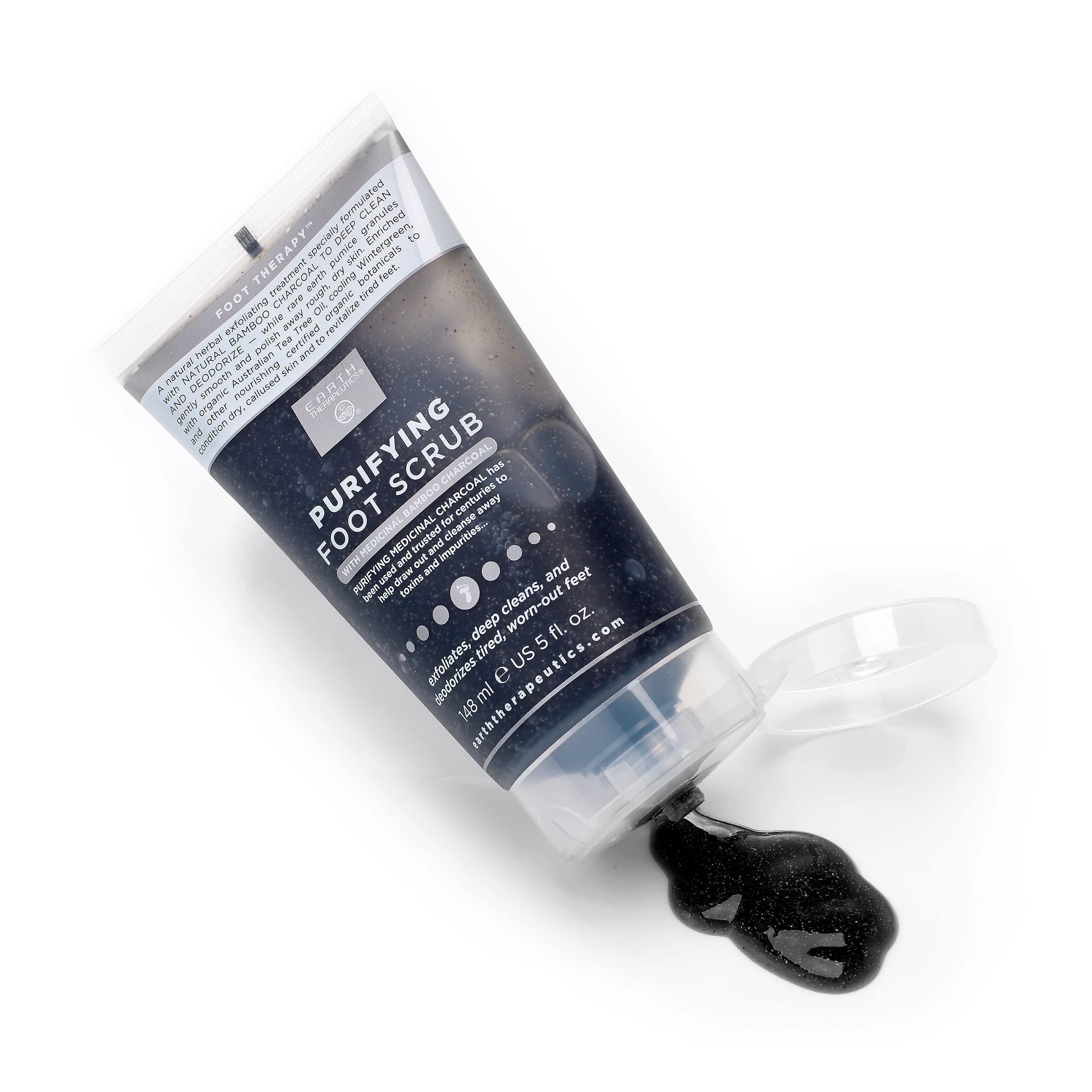 Back label of Earth Therapeutics charcoal purifying foot scrub showing usage directions and full ingredient list