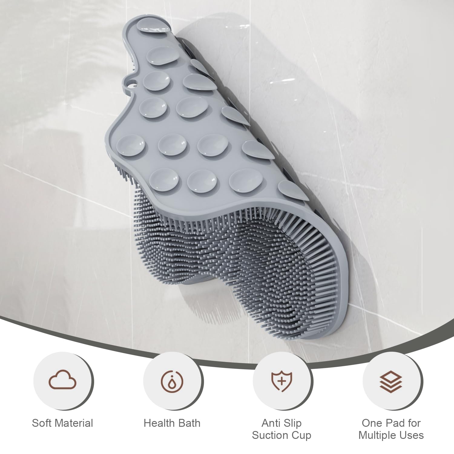 Grey shower foot mat showing texture and exfoliating bristles