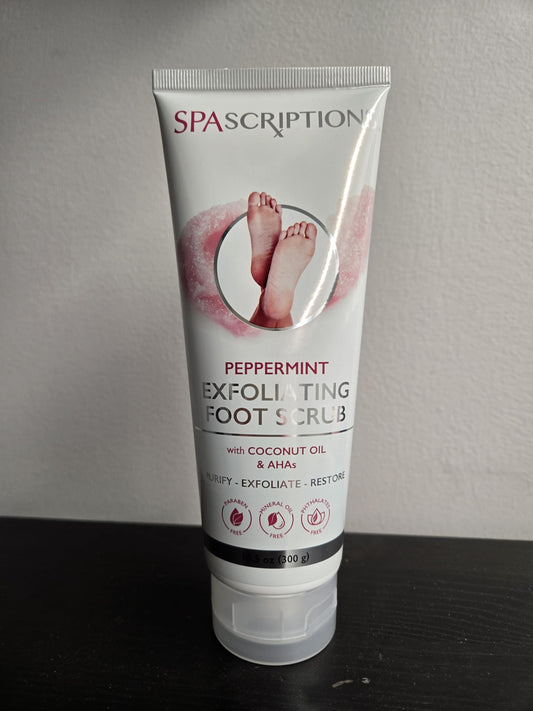 SpaScriptions foot scrub packaging showing peppermint and coconut oil ingredients