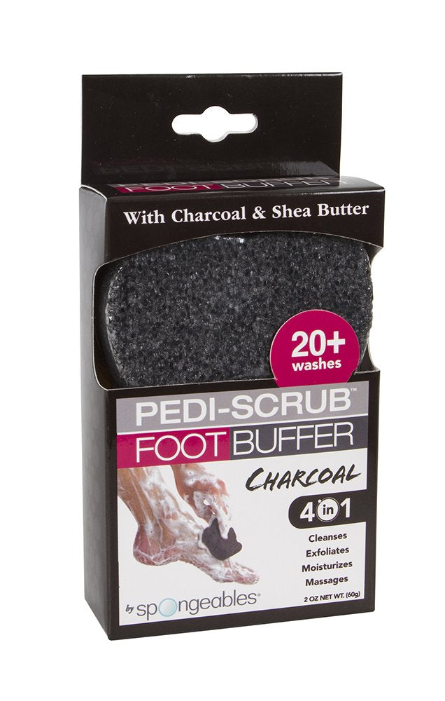 Spongeables charcoal infused foot buffer showing dual action exfoliating texture side
