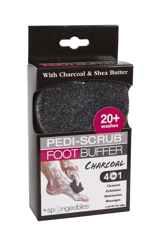 Spongeables charcoal infused foot buffer showing dual action exfoliating texture side