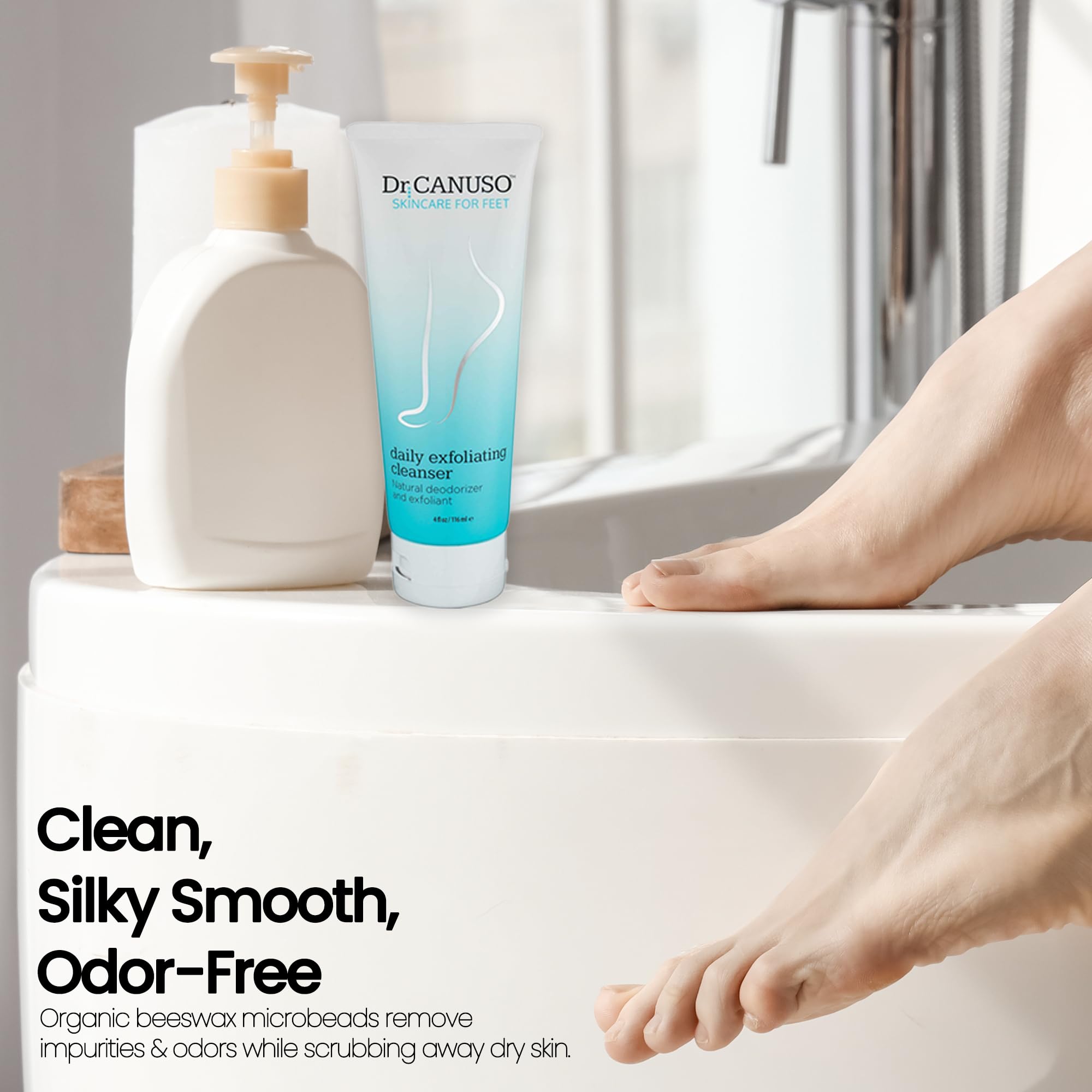 Dr. Canuso foot scrub tube emphasizing the organic beeswax microbeads feature.