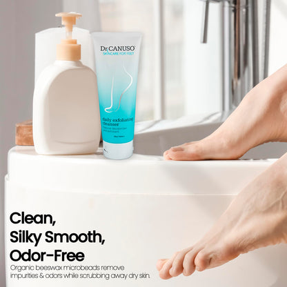Dr. Canuso foot scrub tube emphasizing the organic beeswax microbeads feature.