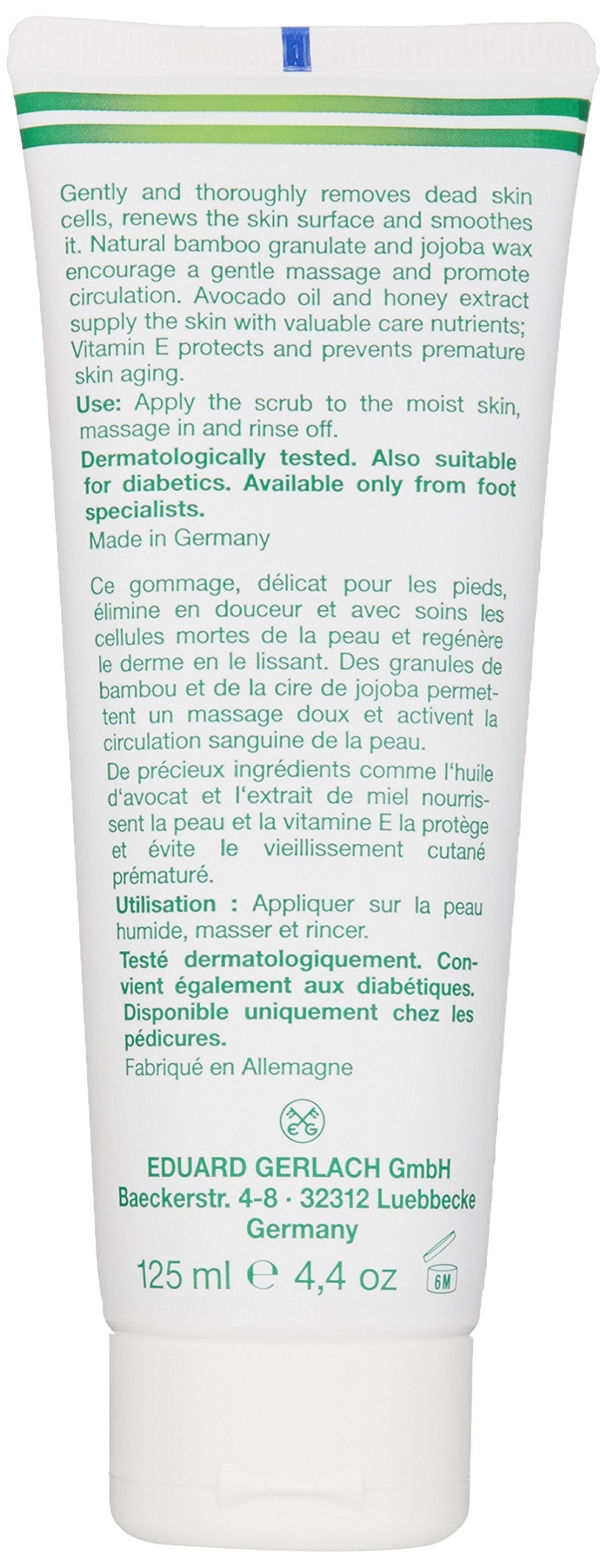 Back of Gehwol Fusskraft Soft Feet Peeling Scrub tube detailing ingredients including avocado oil and honey extract.