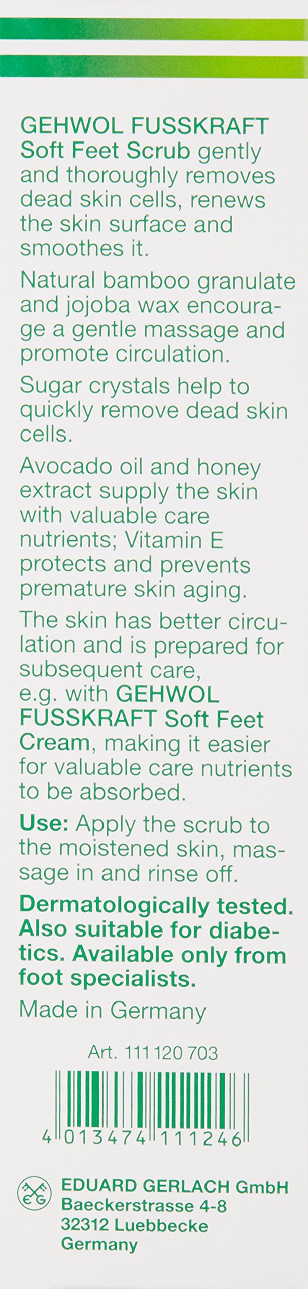 Gehwol Soft Feet Scrub packaging label emphasizing the bamboo and jojoba wax ingredients for professional pedicure care.
