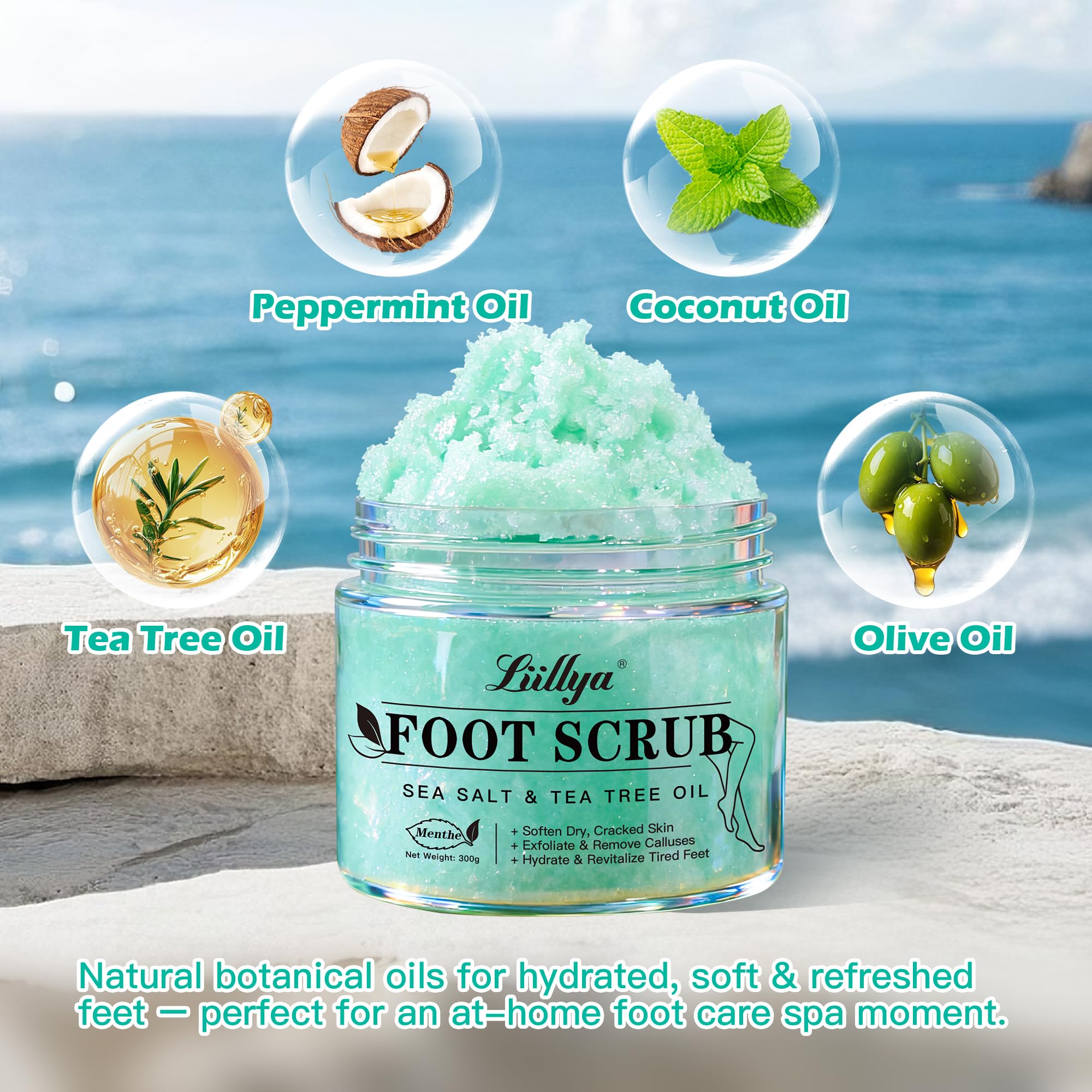 Liillya tea tree oil and peppermint foot scrub jar