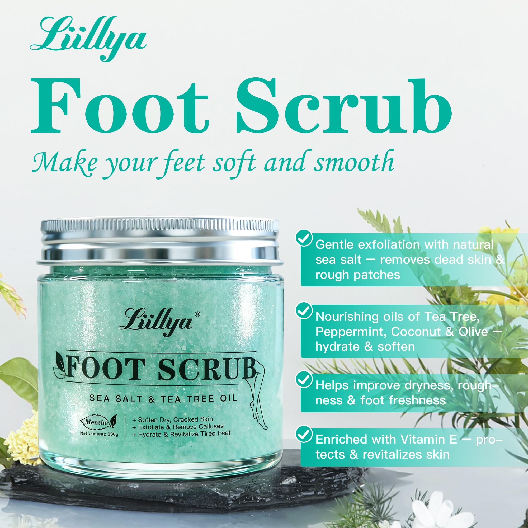 Applying Liillya exfoliating scrub to dry heels