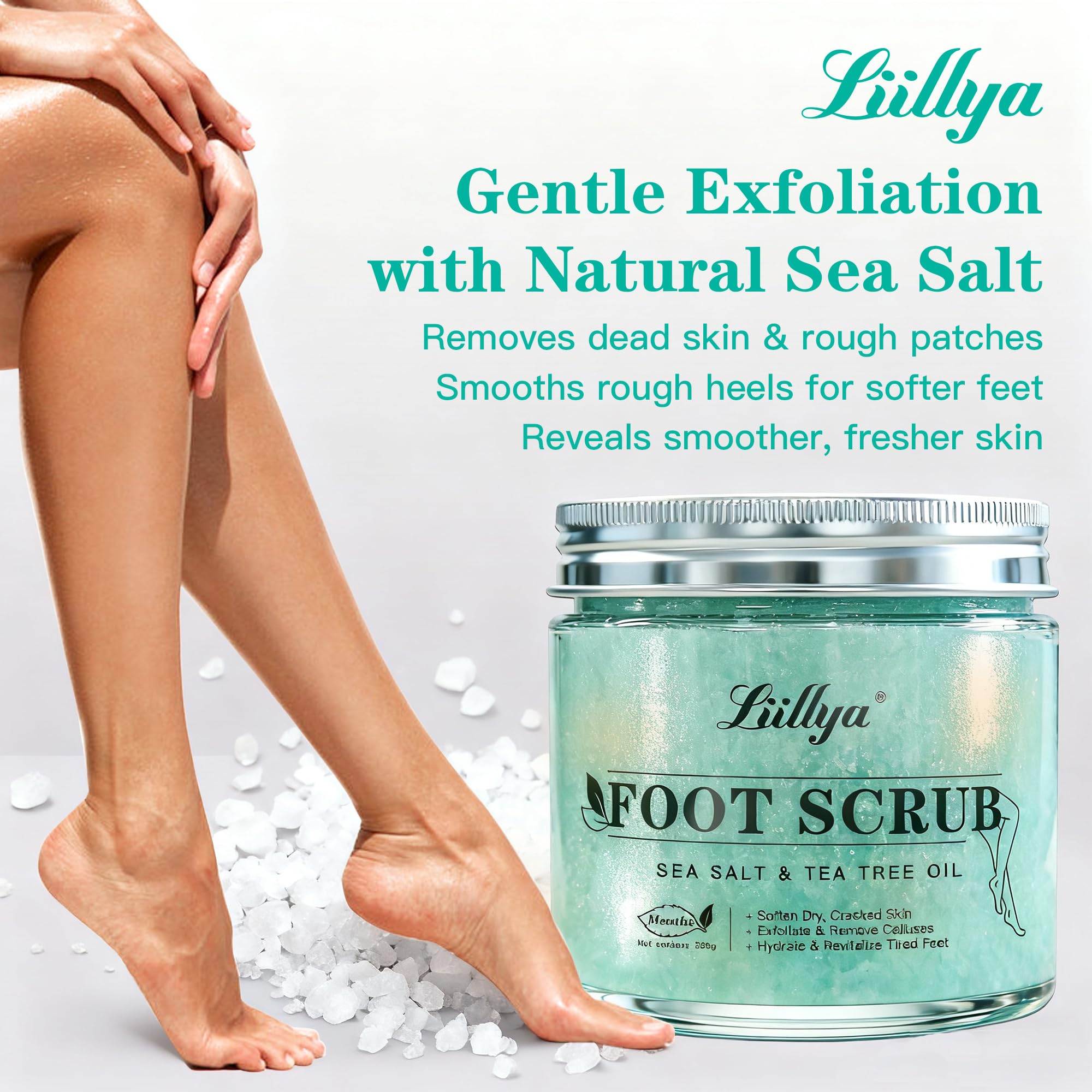 Liillya foot scrub jar with key ingredients displayed