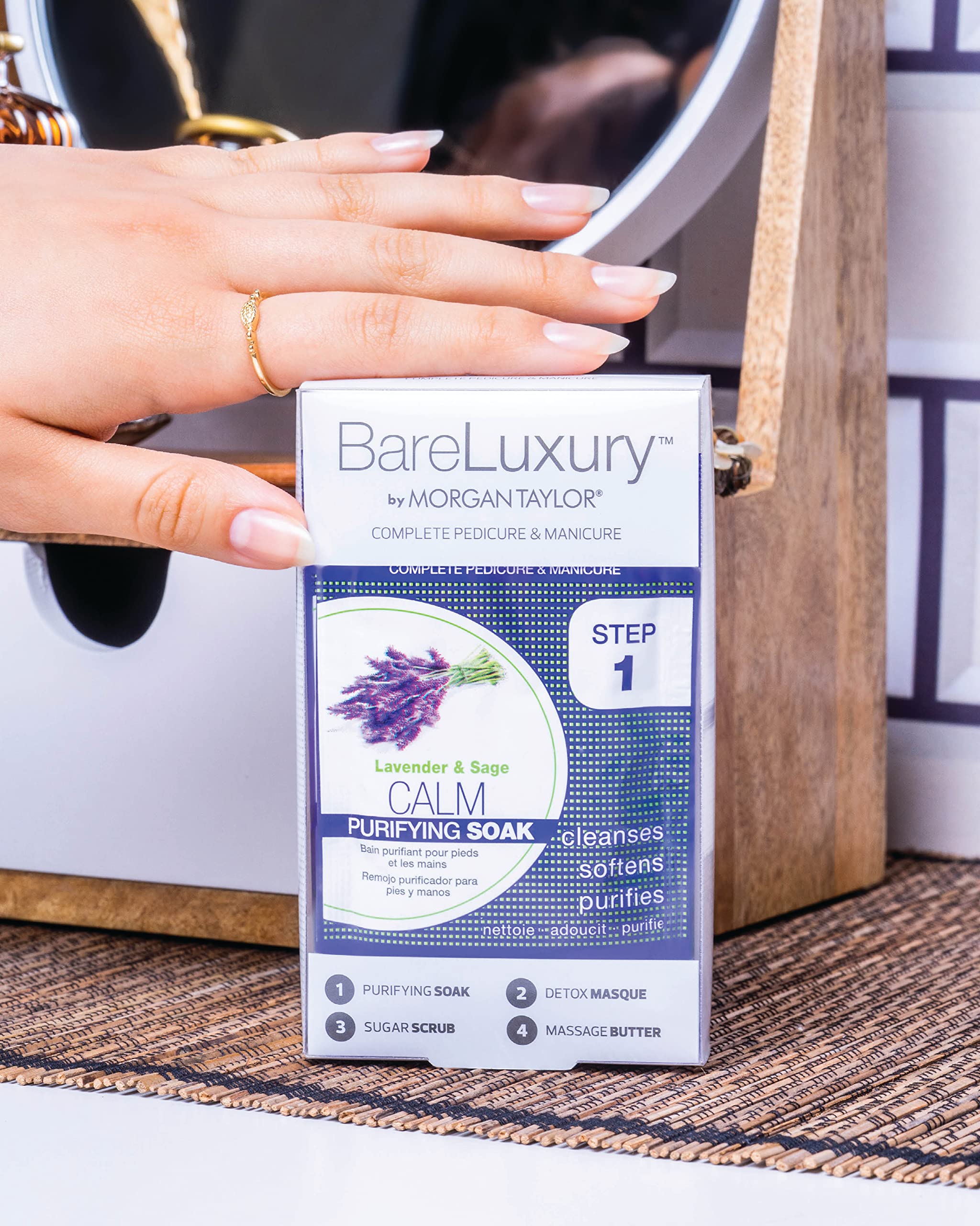 Close-up of the four individual sachets in the Morgan Taylor BareLuxury Calm Lavender kit displaying steps one to four.