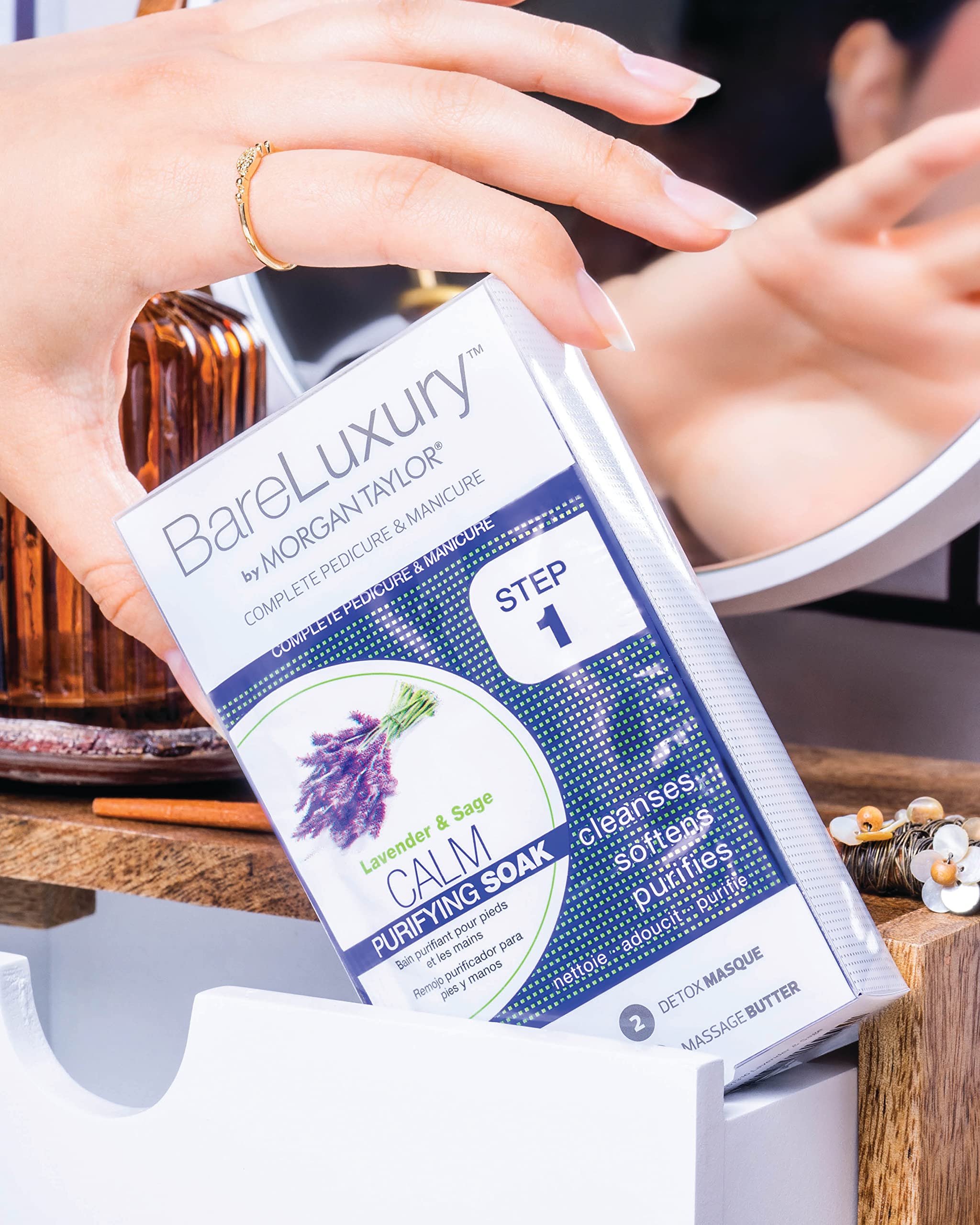 Back label of the Morgan Taylor BareLuxury professional spa kit showing ingredients and official usage instructions.