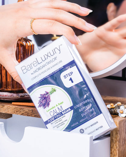 Back label of the Morgan Taylor BareLuxury professional spa kit showing ingredients and official usage instructions.