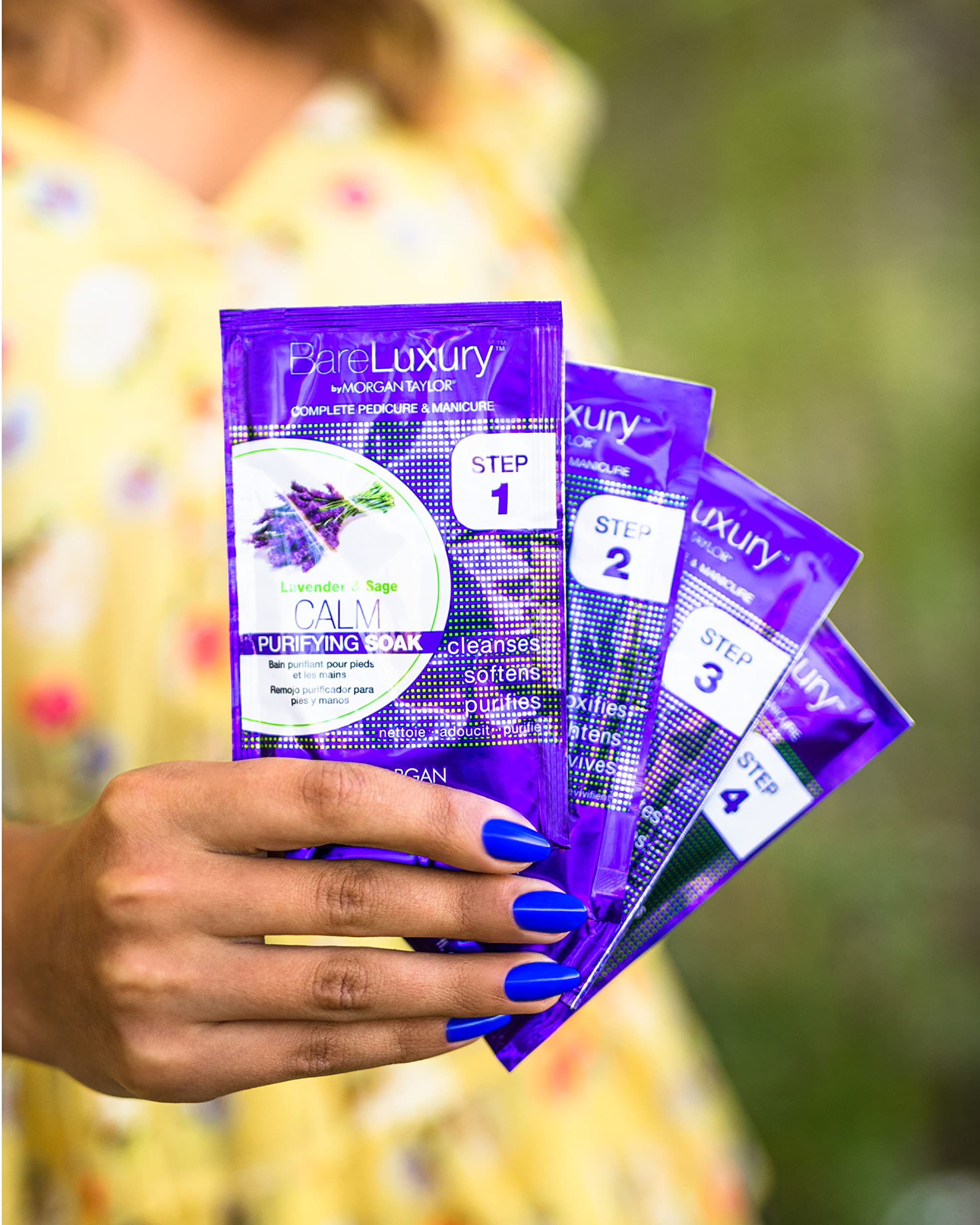 Morgan Taylor BareLuxury Lavender and Sage pedicure kit box with five images layout displaying the professional spa-quality treatments.