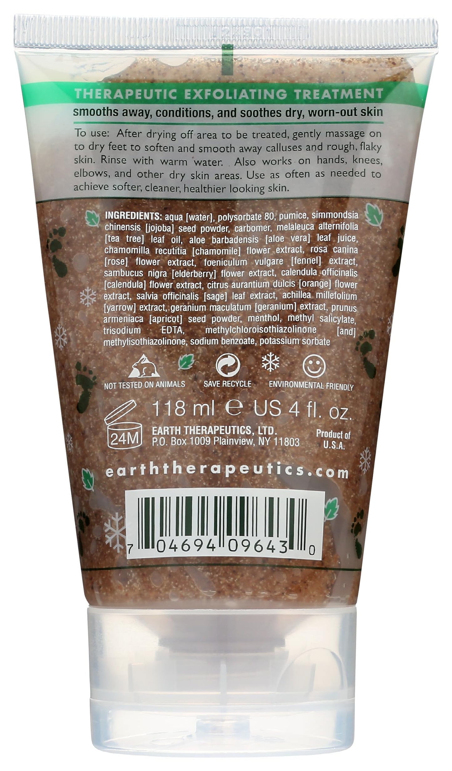 Earth Therapeutics exfoliating treatment tube showing wild mint and tea tree ingredients