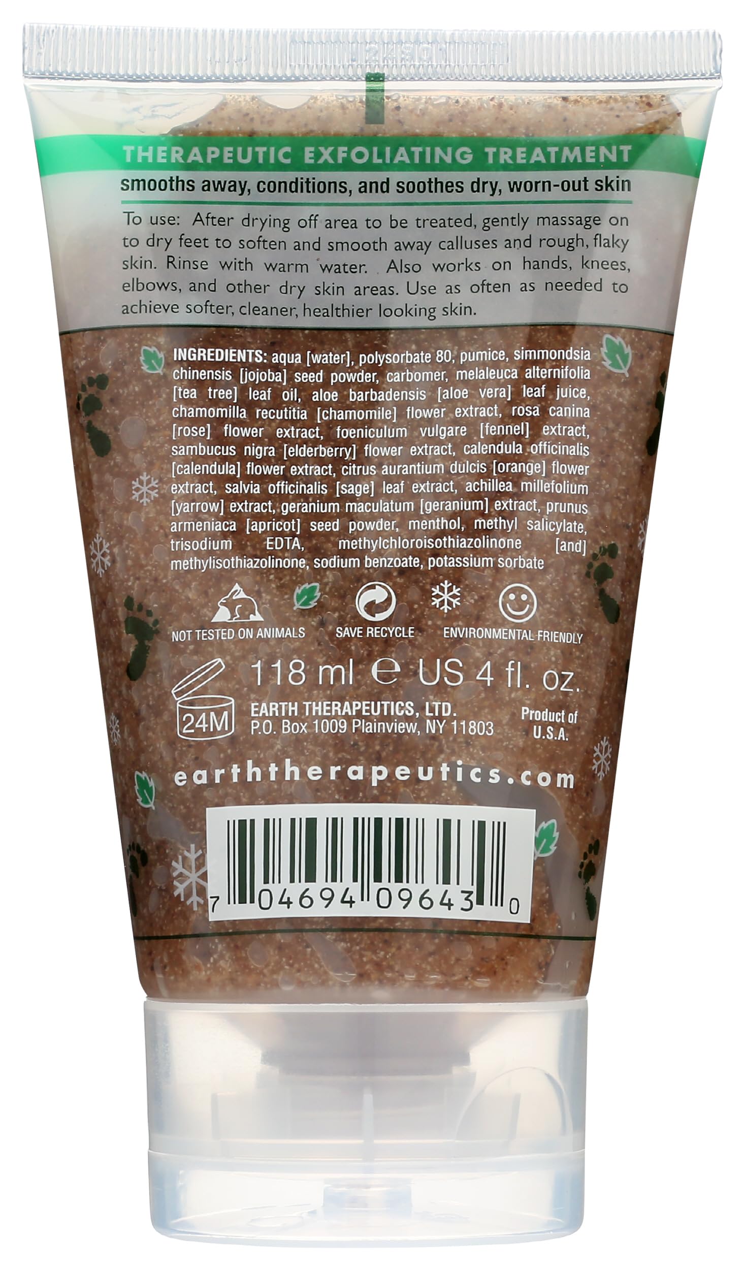 Earth Therapeutics exfoliating treatment tube showing wild mint and tea tree ingredients