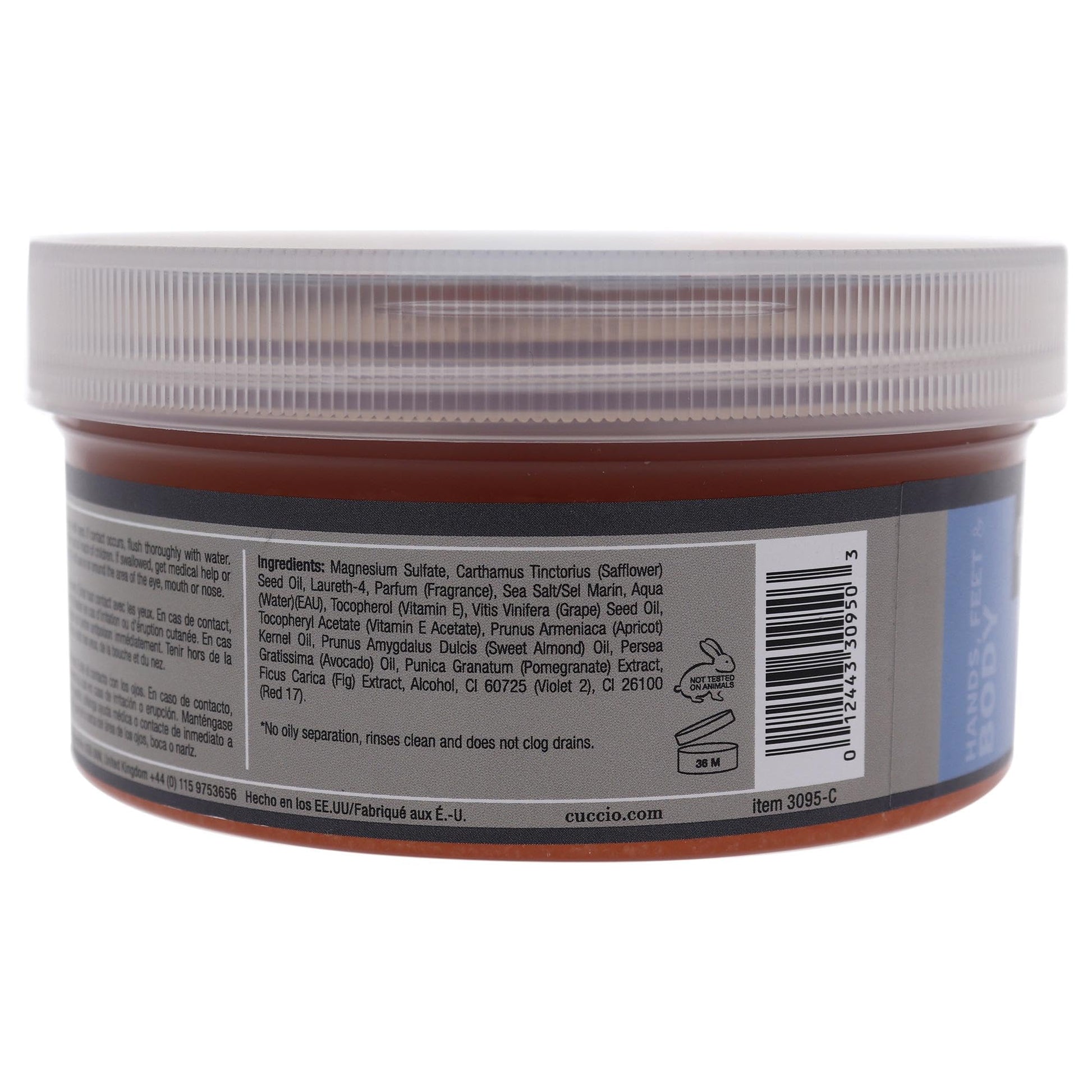 Cuccio extra fine body and pedicure sea salt scrub packaging displaying natural ingredients