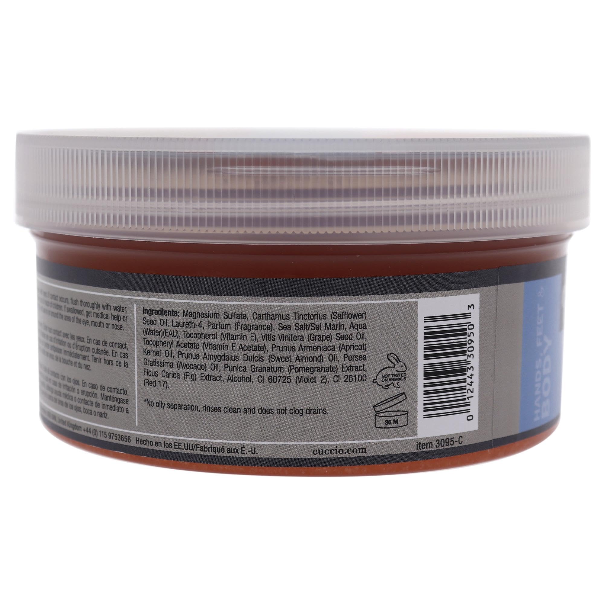 Cuccio extra fine body and pedicure sea salt scrub packaging displaying natural ingredients