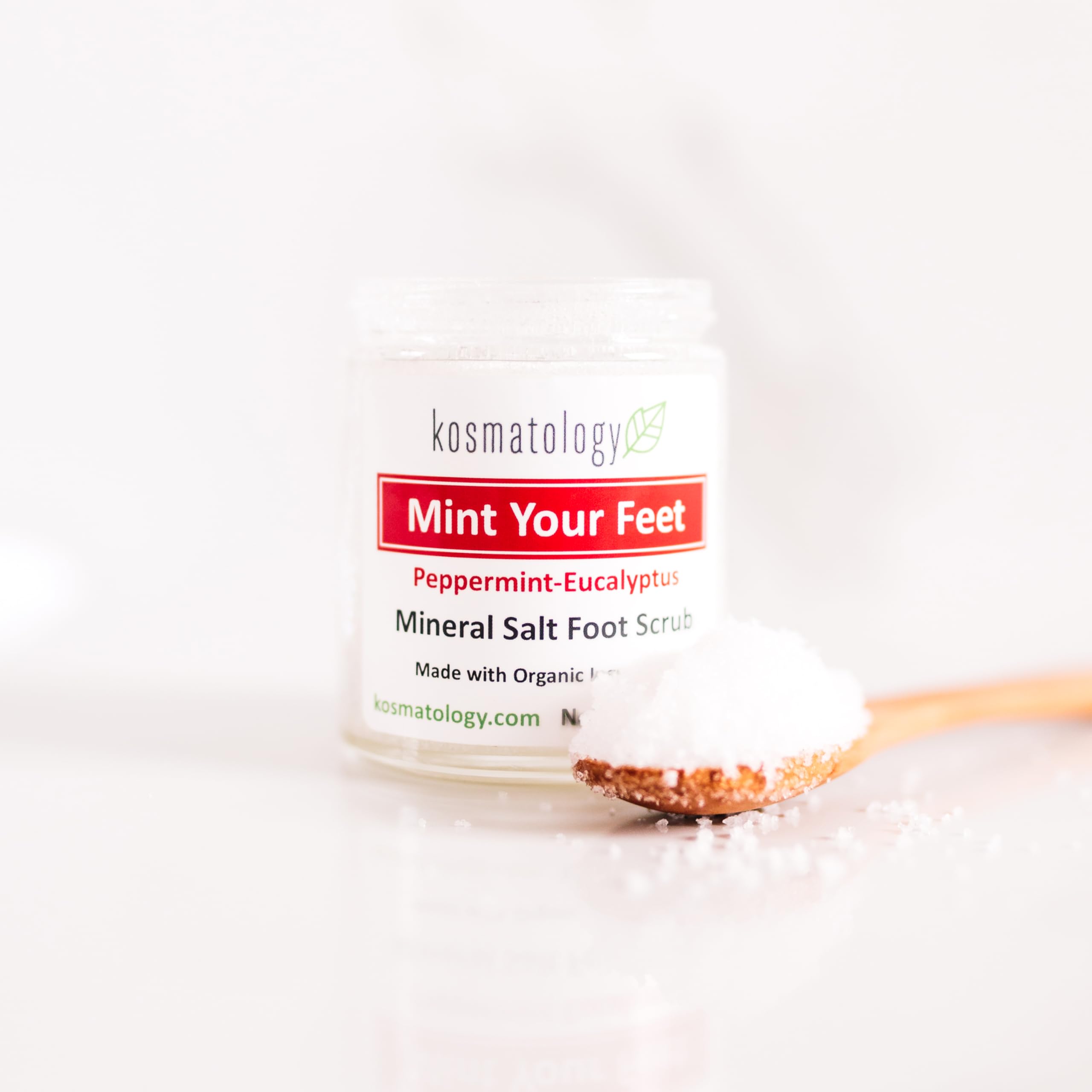 Kosmatology Peppermint Eucalyptus exfoliating scrub for softening rough feet and heels.