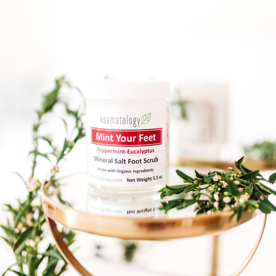 Natural Dead Sea salt foot scrub from Kosmatology showing texture and clean packaging.