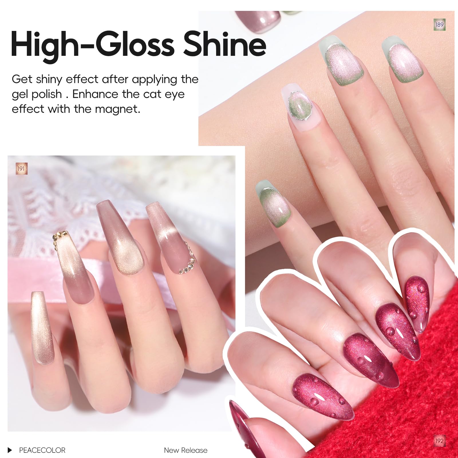 Six bottles of Peacecolor cat eye gel polish collection