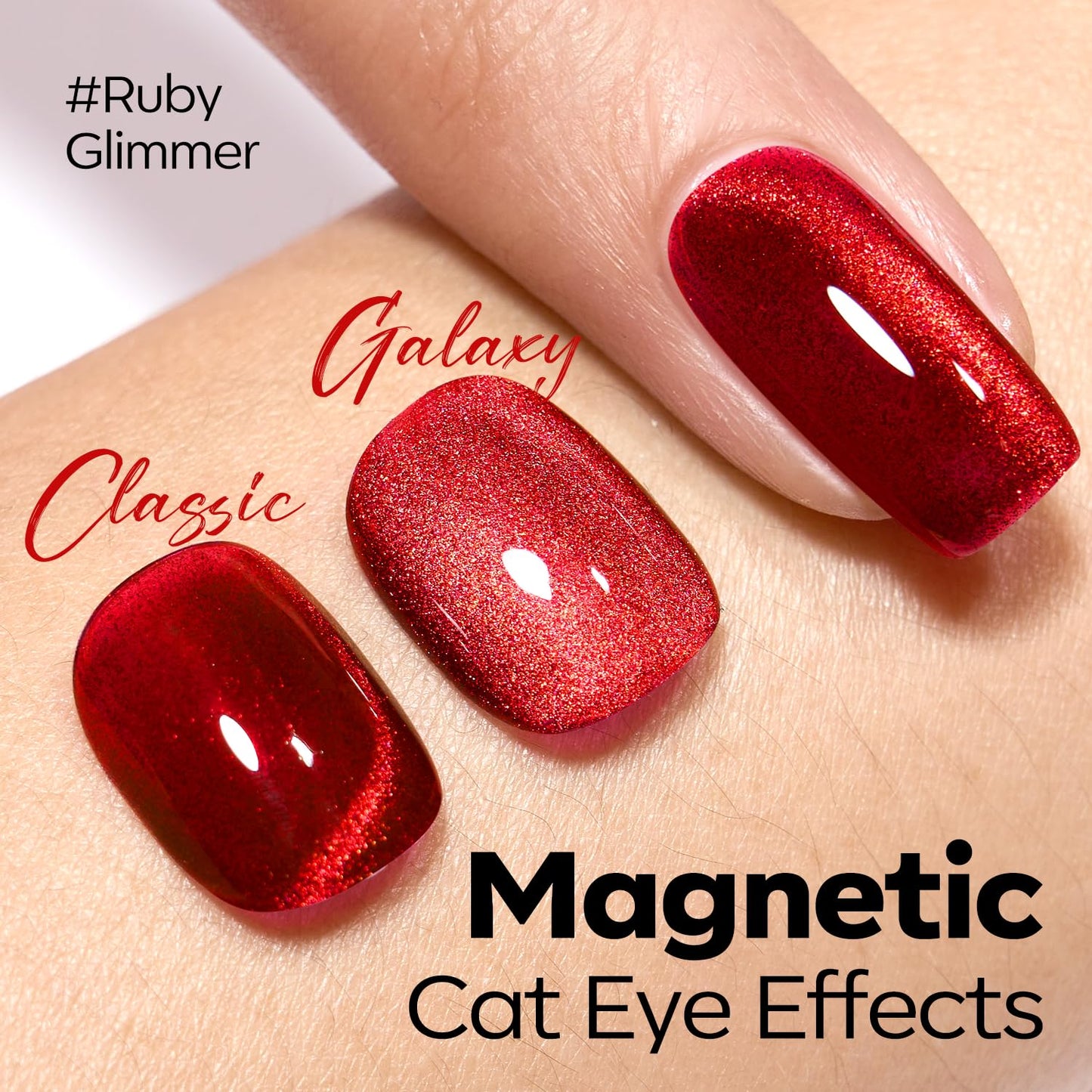 Close up of holographic ruby cat eye nail texture