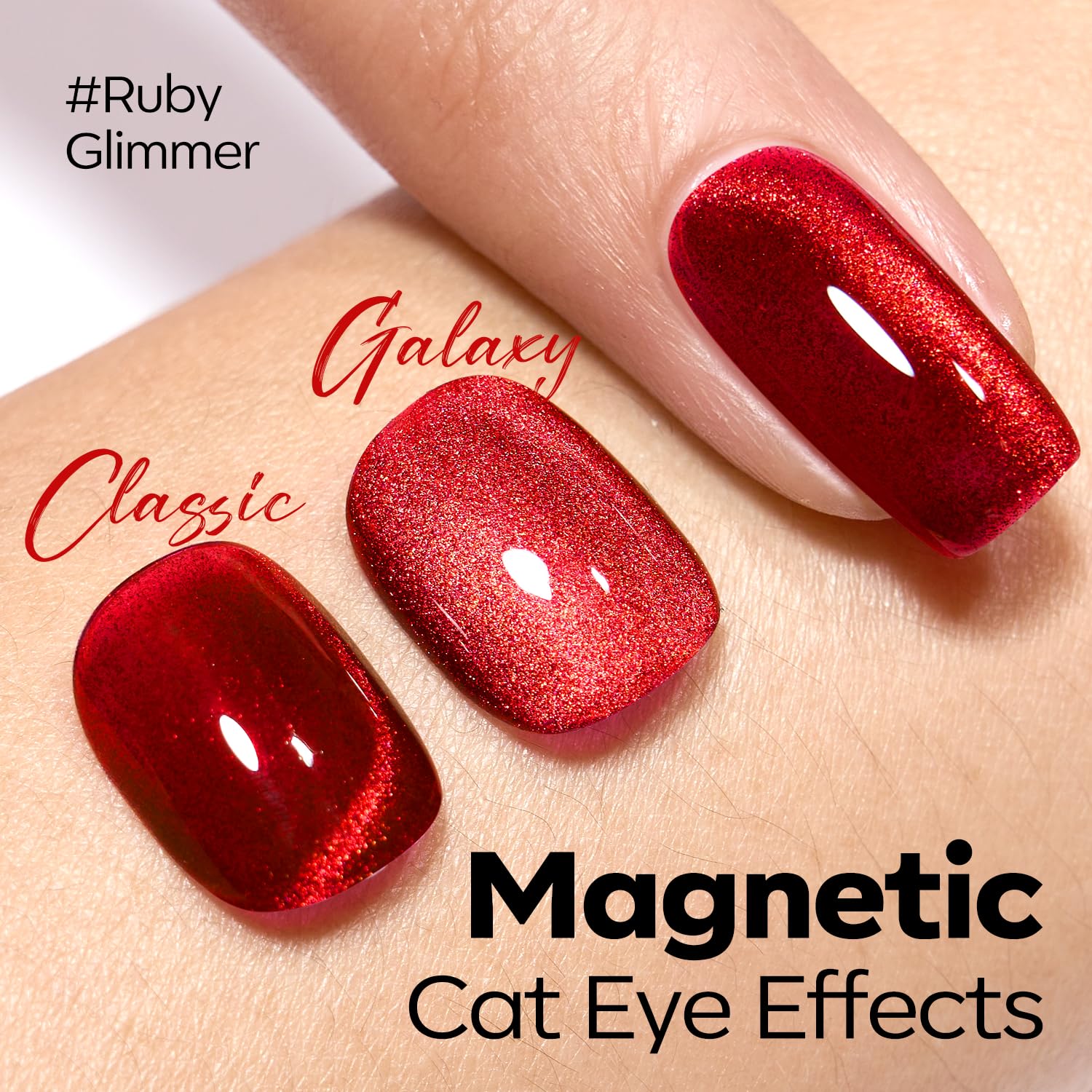 Close up of holographic ruby cat eye nail texture