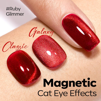 Close up of holographic ruby cat eye nail texture