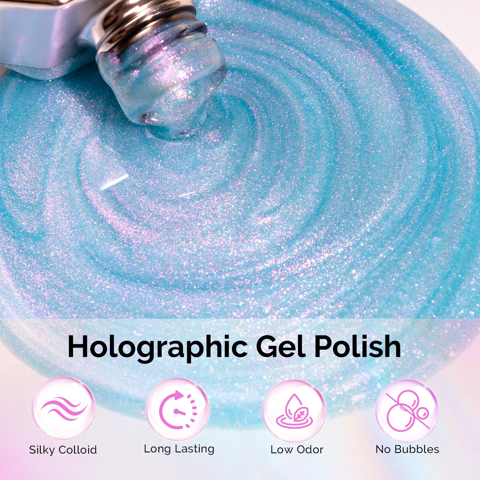 Close up of MelodySusie holographic blue glitter gel texture