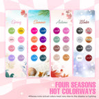 Collection of 32 vibrant gel nail polish color bottles arranged neatly