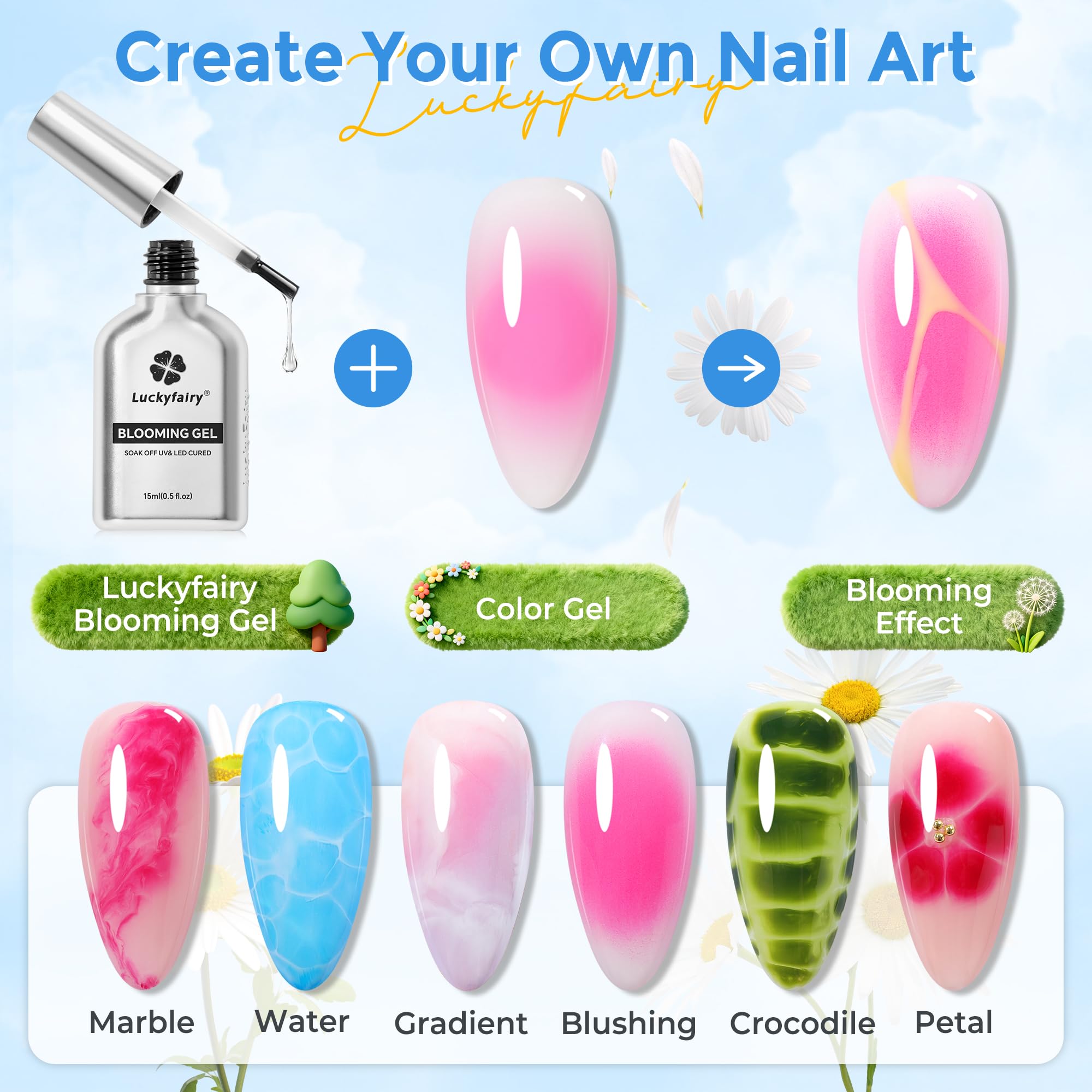 Nail art tutorial showing blooming gel spreading effect