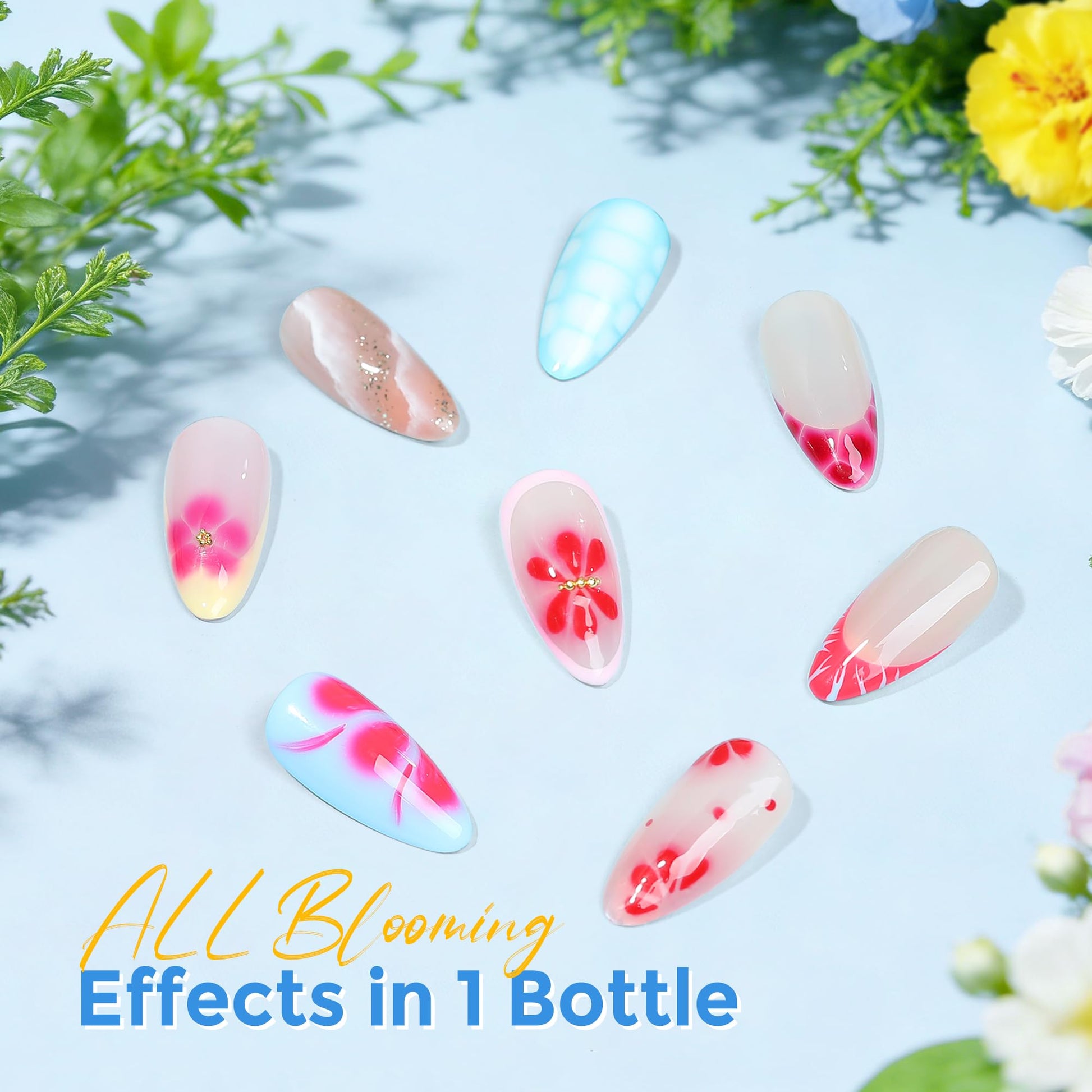 Finished floral nail design using Luckyfairy blooming gel