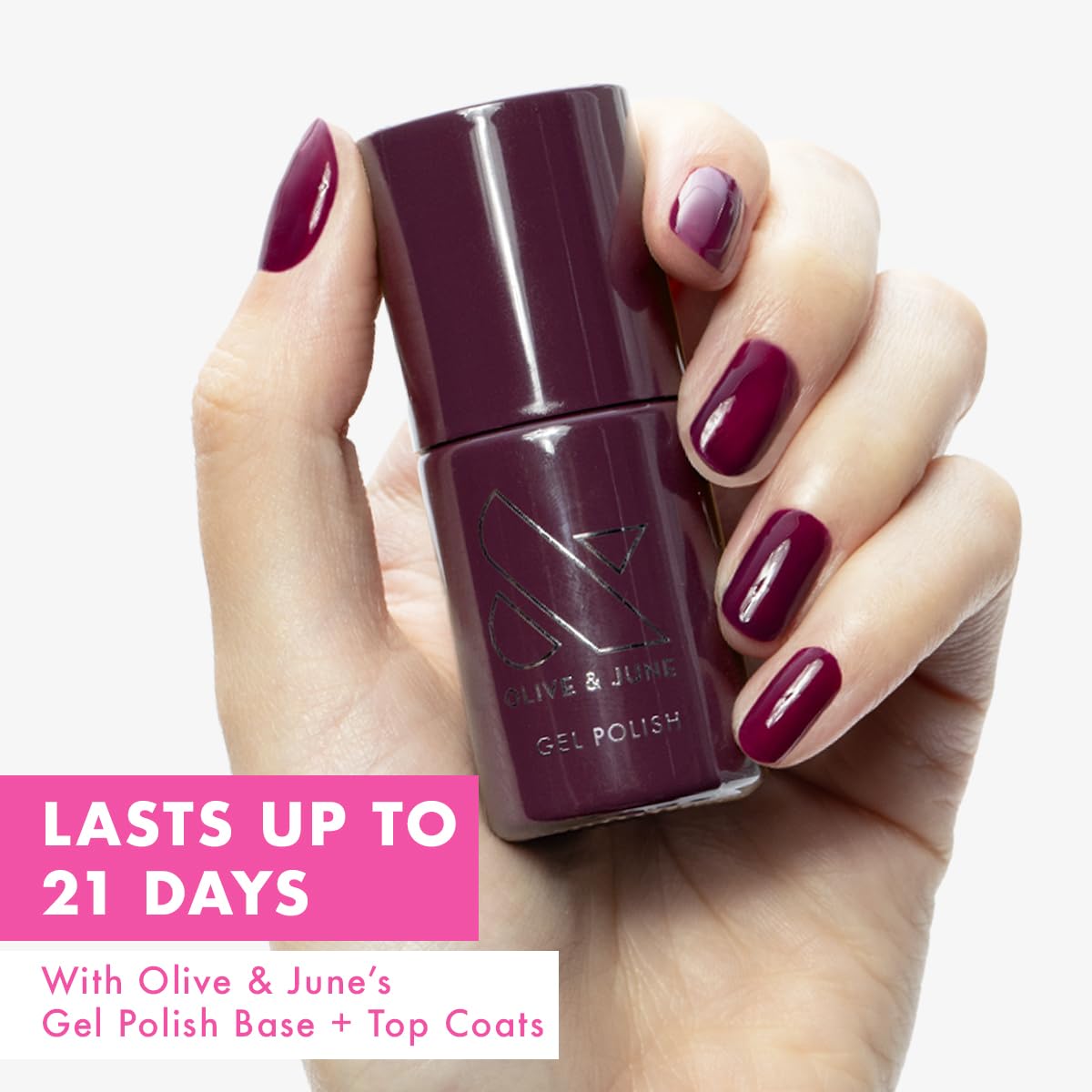 Front view of Olive and June Plaza gel polish bottle