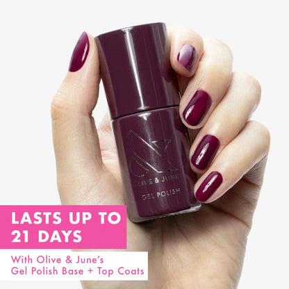 Front view of Olive and June Plaza gel polish bottle