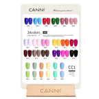 Canni Hema-free gel nail polish bottles arranged with display swatch chart