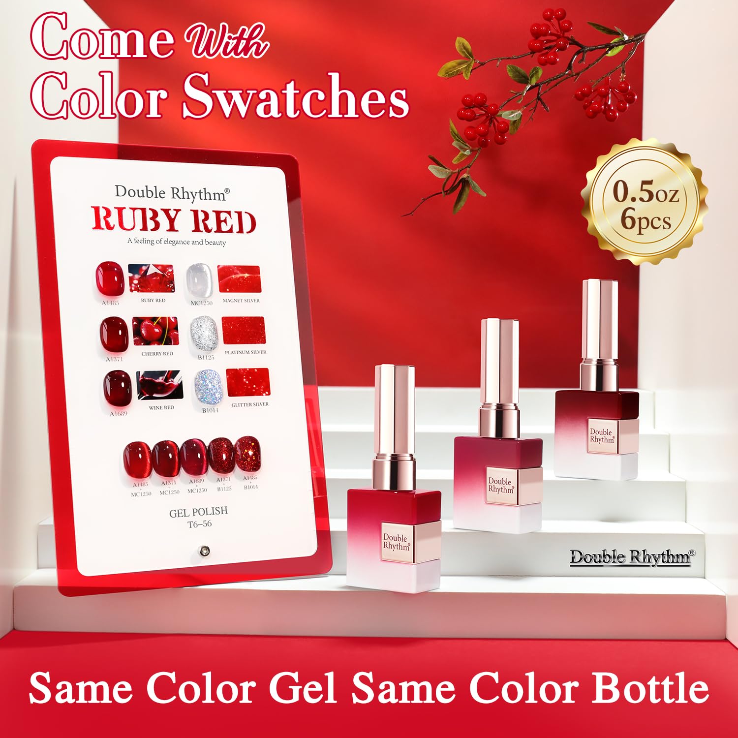 Double Rhythm jelly burgundy red and silver glitter bottles