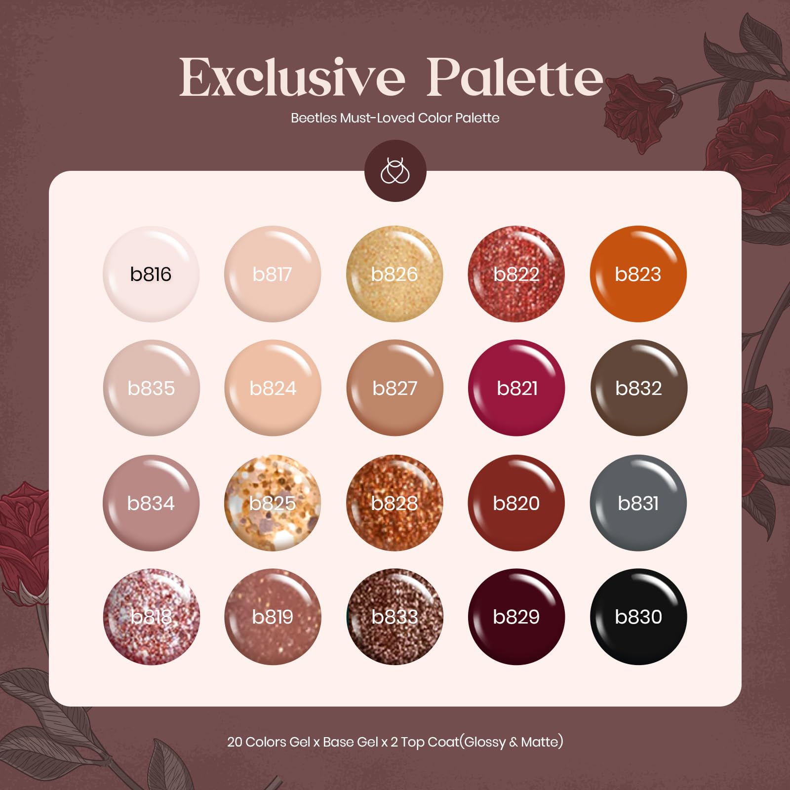 Close up of 20 colors in Beetles nail kit