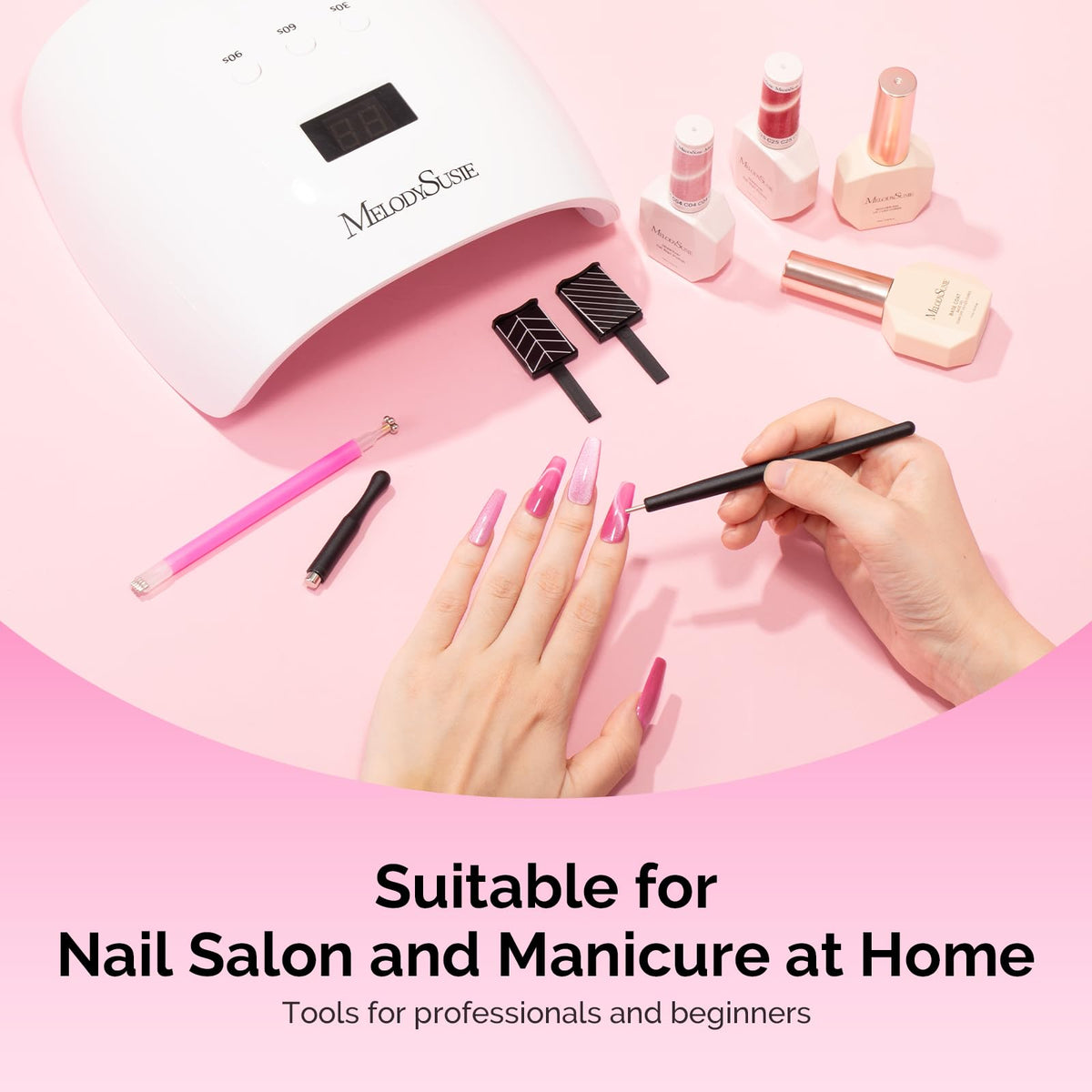 Manicured hands showcasing glossy red holographic gel finish
