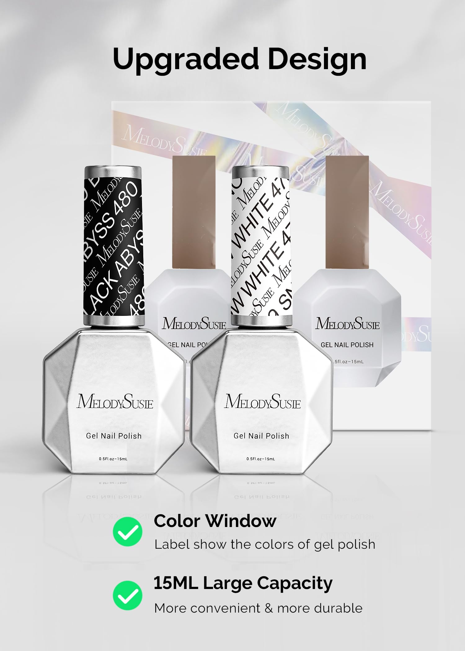 Close up of MelodySusie 15ml gel nail polish bottles
