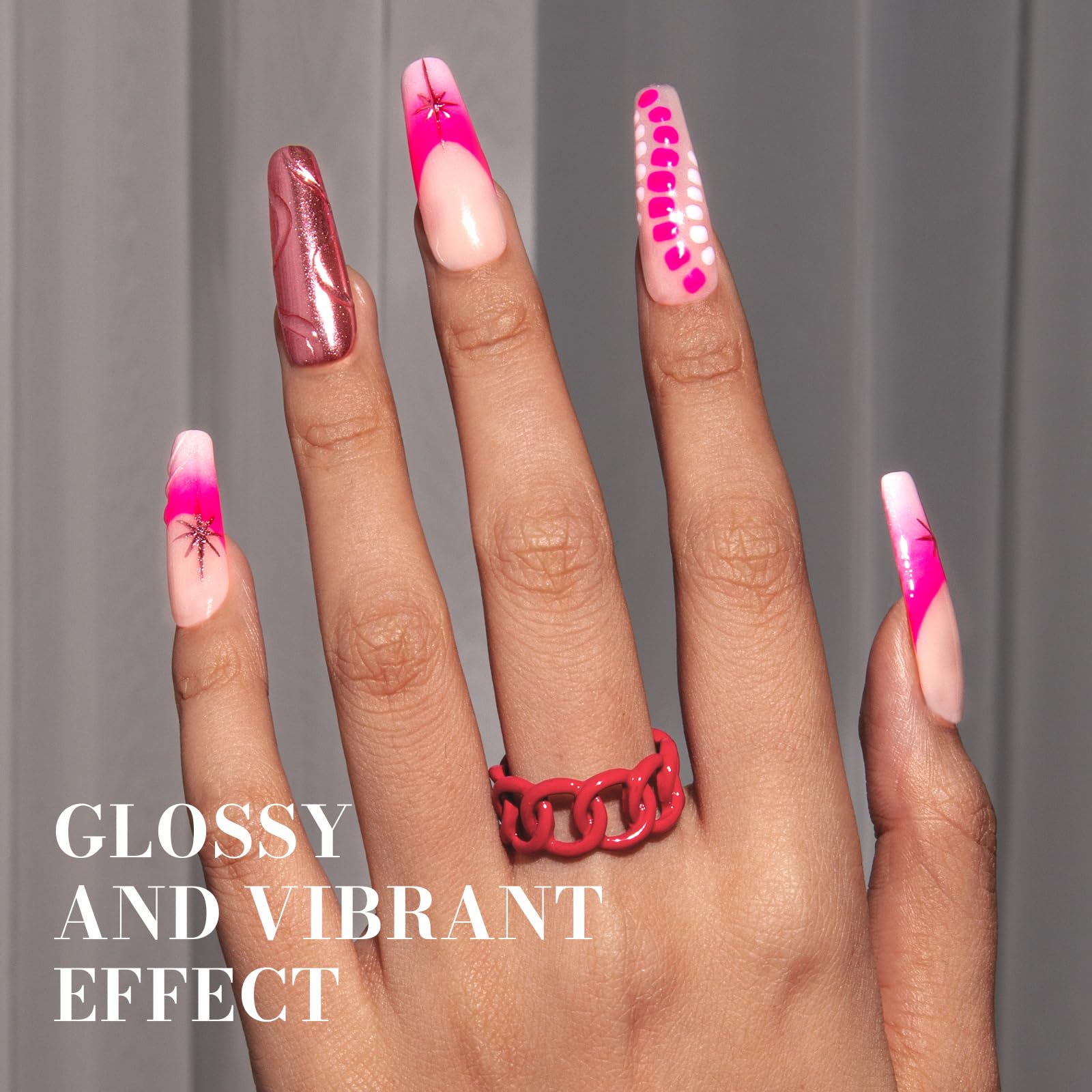 Close up of neon pink gel polish application