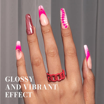 Close up of neon pink gel polish application