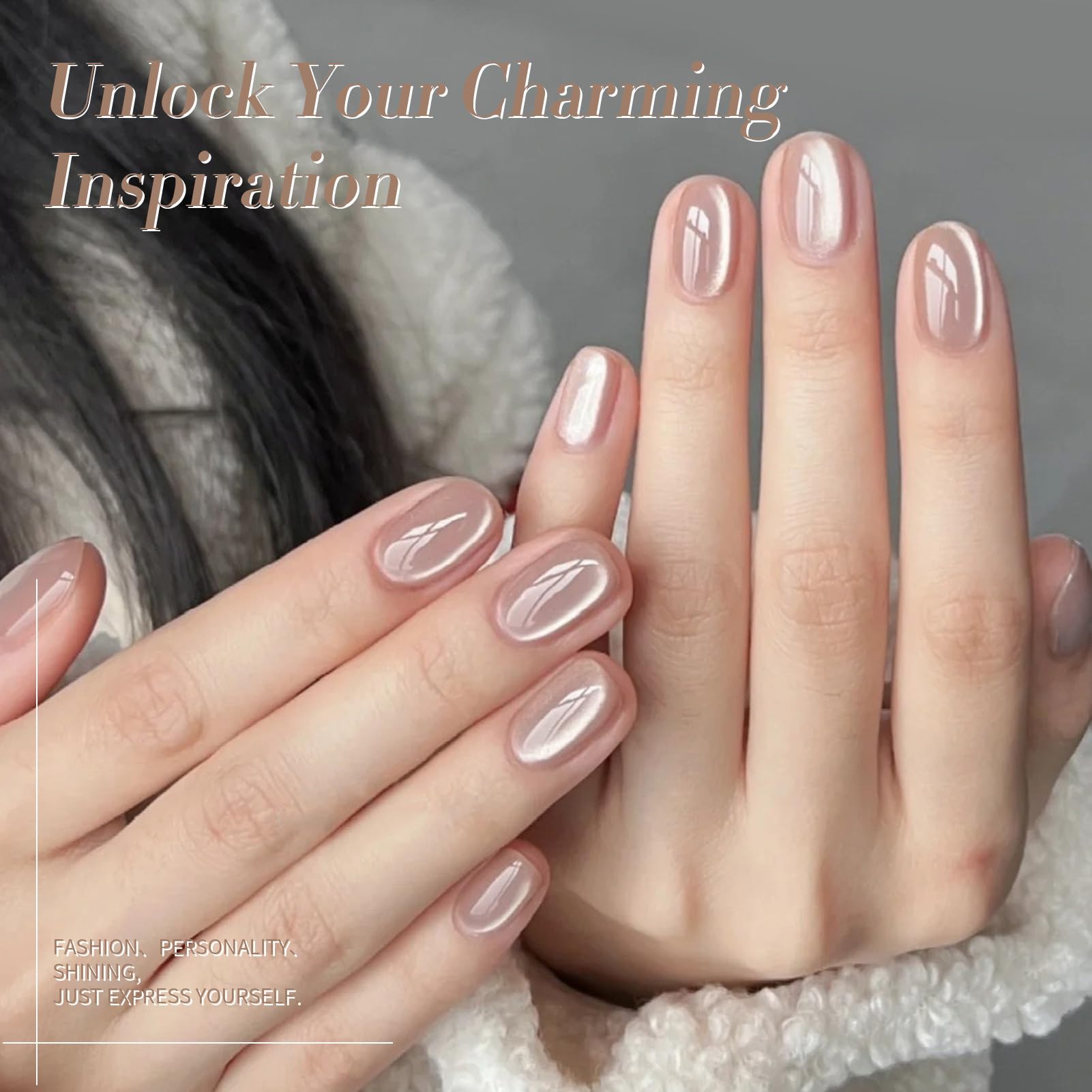 Nude cat eye nail polish effect on nail tip