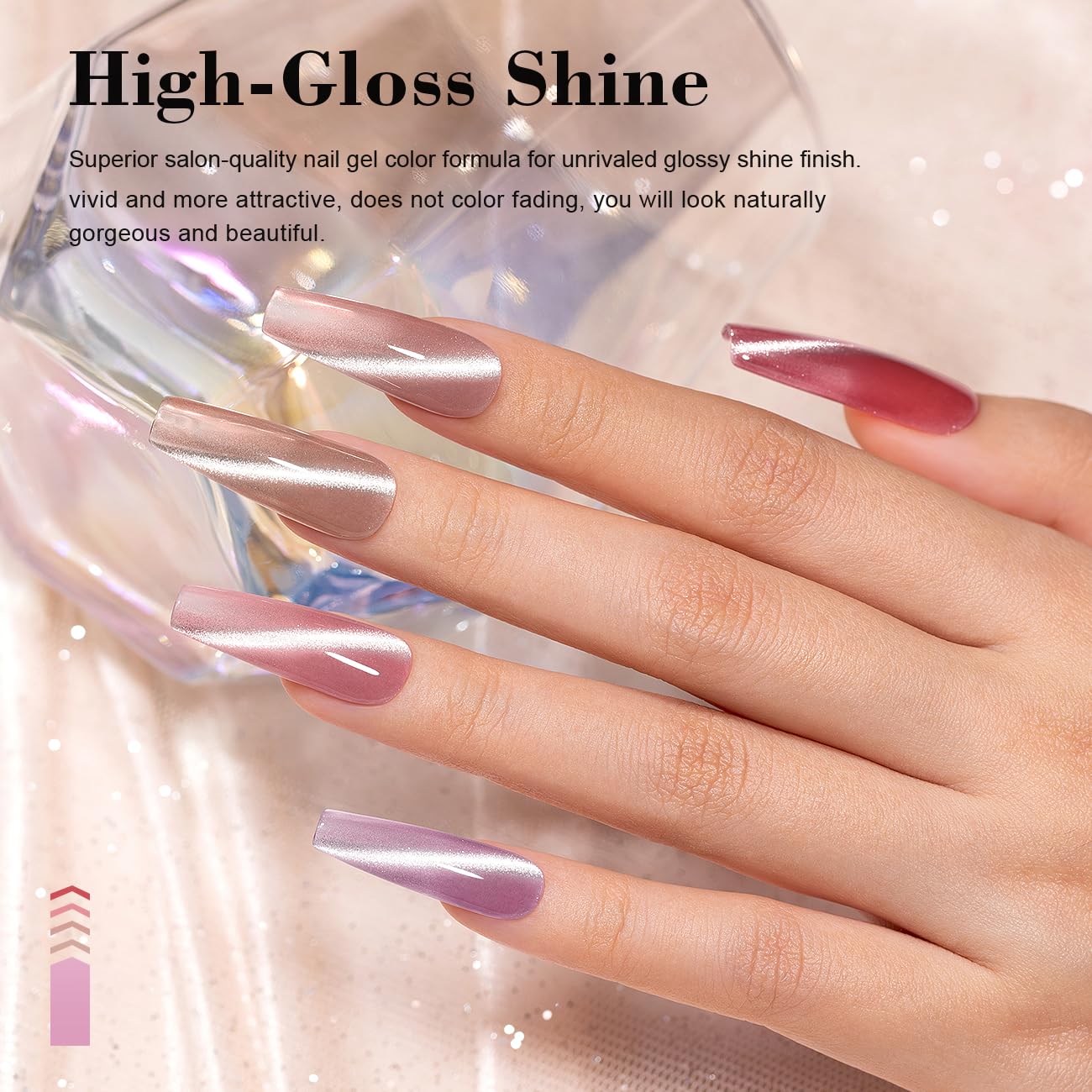 Close up of cat eye gel nail polish magnetic shimmer effect