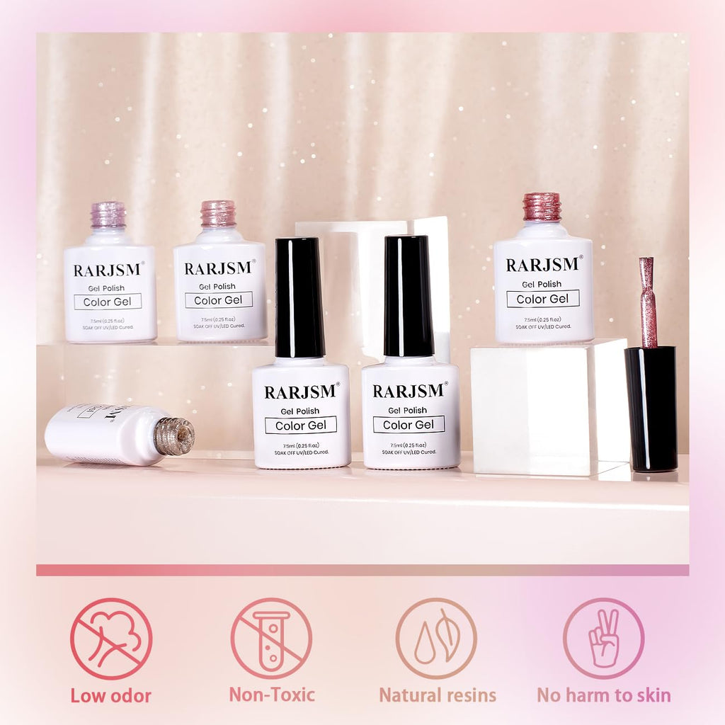Swatch display showing nude pink and red holographic glitter shades