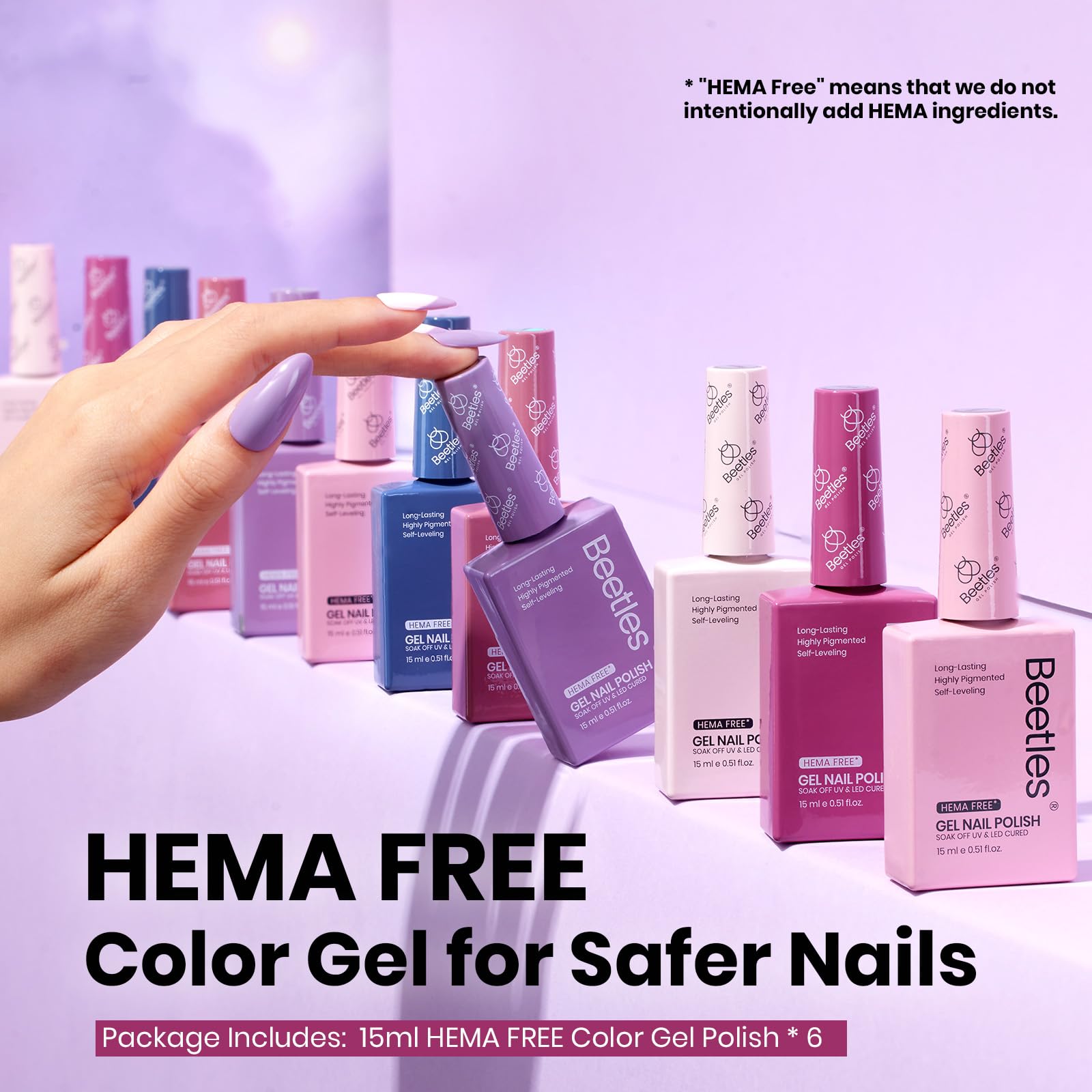 Six muted pastel color bottles of Beetles gel polish