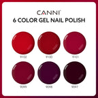 Canni dark red gel polish bottles lined up displaying color labels