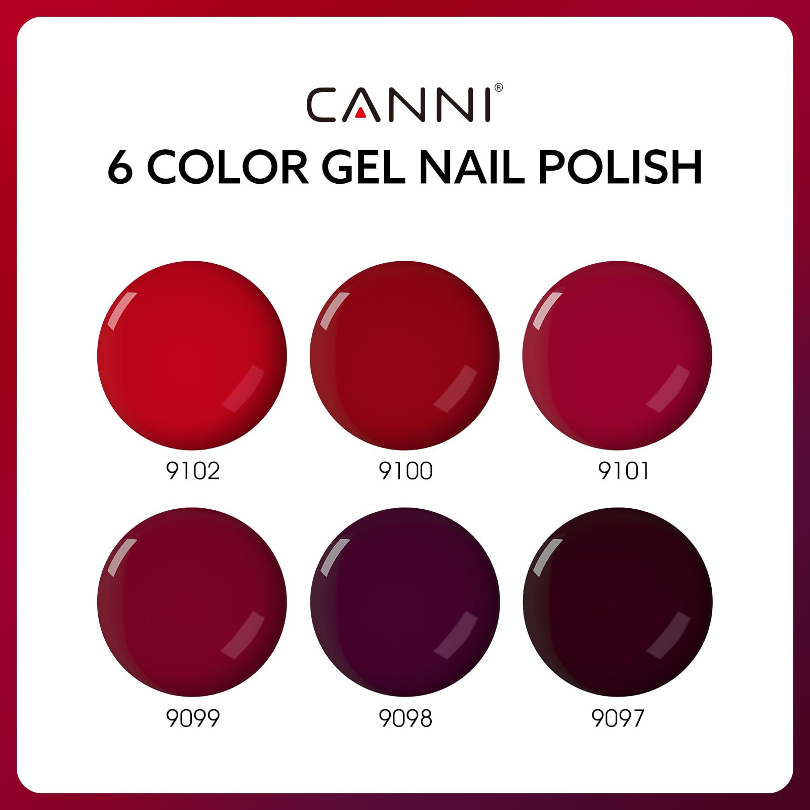 Close up of Canni 9 milliliter dark red gel polish bottles