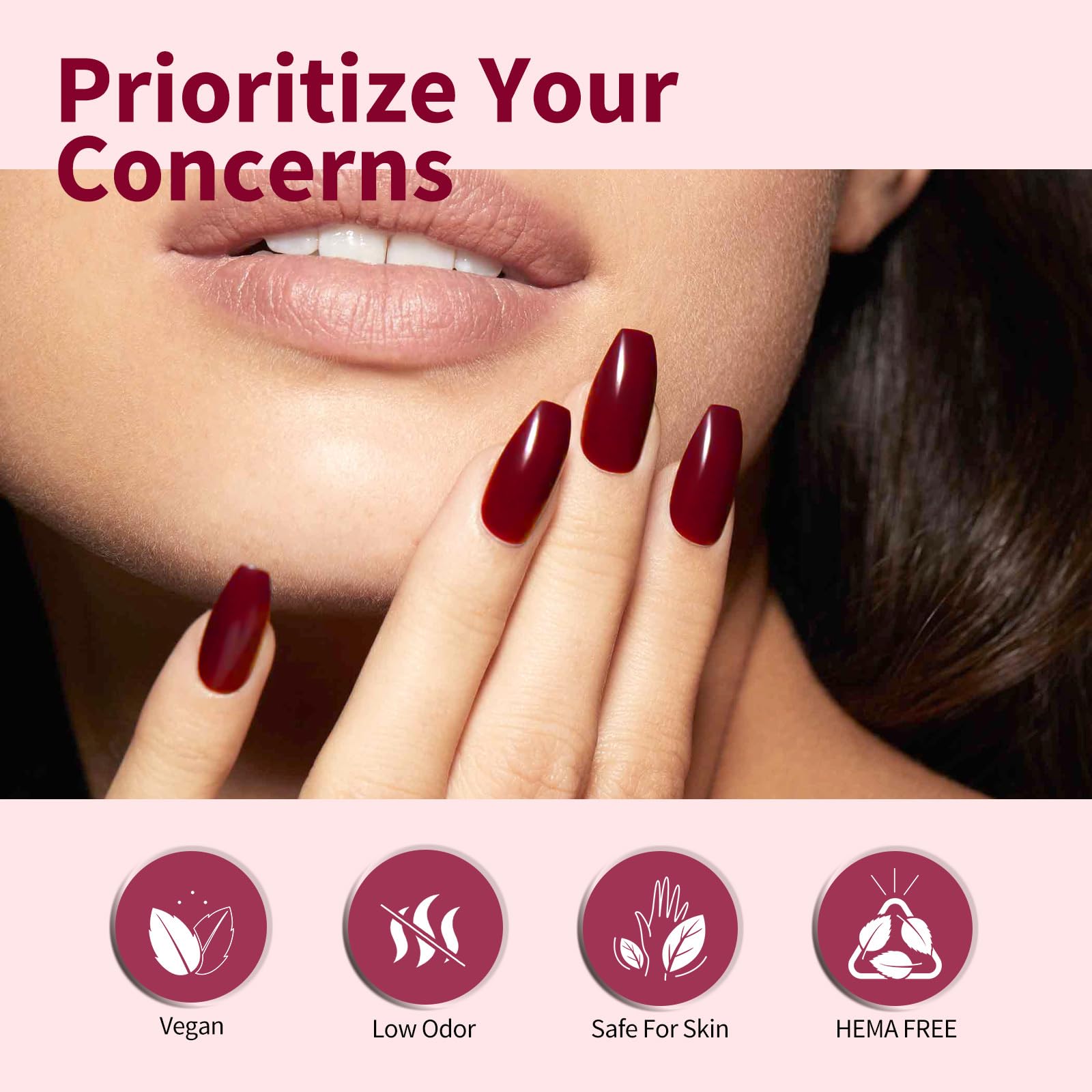 Six shades of Canni dark red gel polish set for manicure