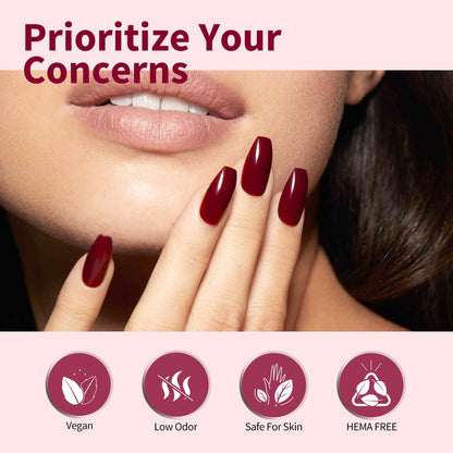 Six shades of Canni dark red gel polish set for manicure