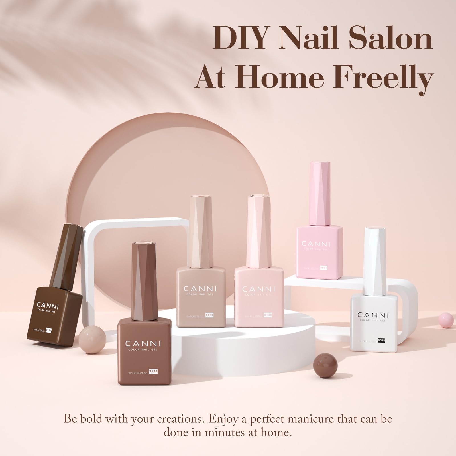 Canni gel nail polish bottles showing nude pink color range